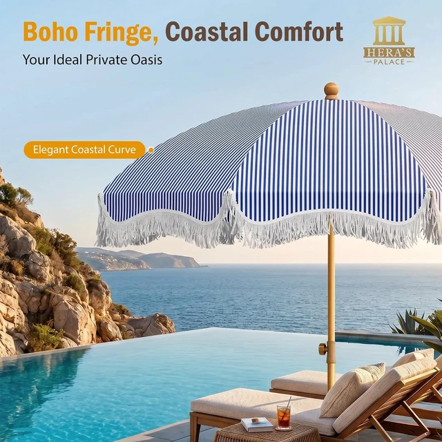Alt view image 2 of 7 - 7ft Beach Umbrella with Sand Anchor, Fringe Umbrella for Pool, Stripe
