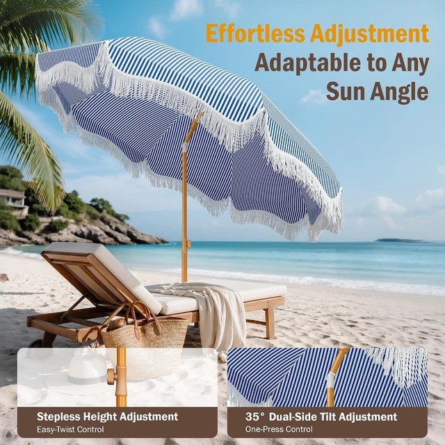 Alt view image 4 of 7 - 7ft Beach Umbrella with Sand Anchor, Fringe Umbrella for Pool, Stripe