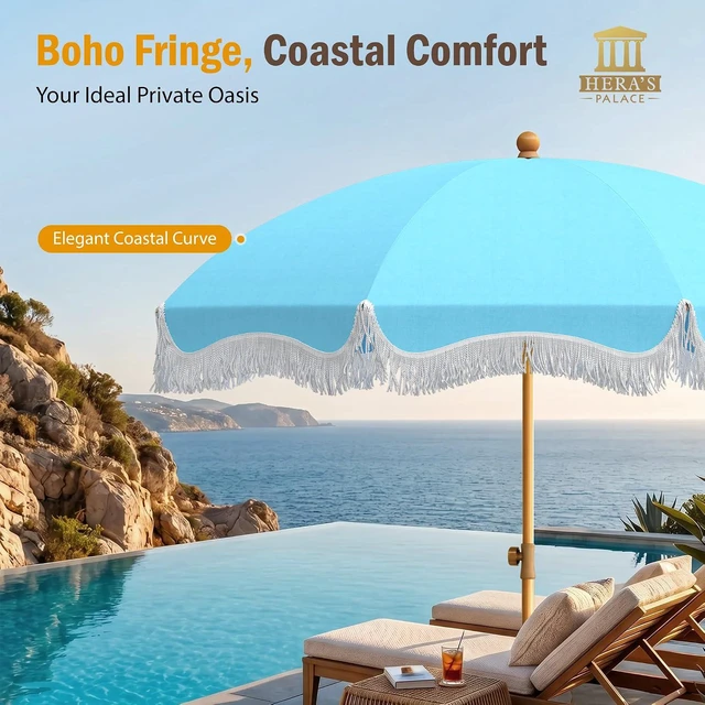 Alt view image 2 of 7 - 7ft Beach Umbrella with Sand Anchor, Fringe Umbrella for Pool, Blue