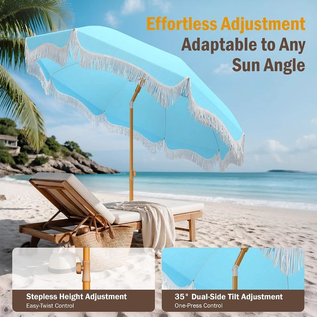 Alt view image 4 of 7 - 7ft Beach Umbrella with Sand Anchor, Fringe Umbrella for Pool, Blue