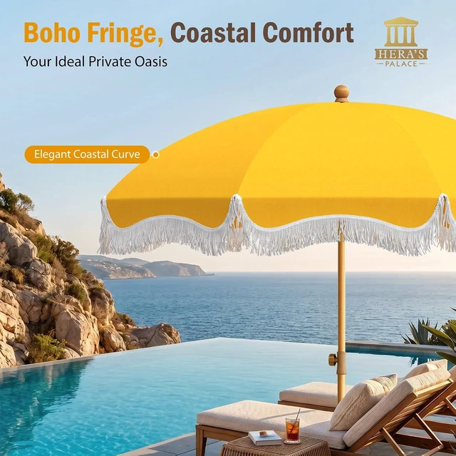 Alt view image 2 of 7 - 7ft Beach Umbrella with Sand Anchor, Fringe Umbrella for Pool, Gold Yellow