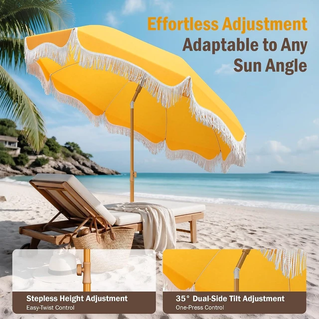 Alt view image 4 of 7 - 7ft Beach Umbrella with Sand Anchor, Fringe Umbrella for Pool, Gold Yellow