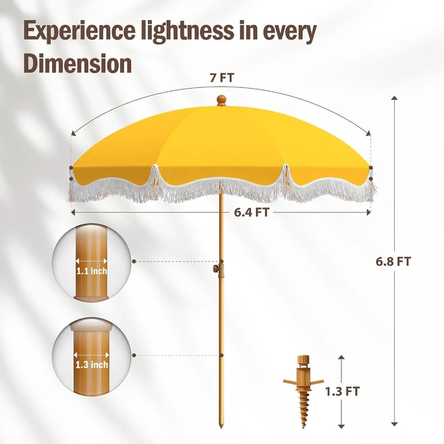 Alt view image 6 of 7 - 7ft Beach Umbrella with Sand Anchor, Fringe Umbrella for Pool, Gold Yellow