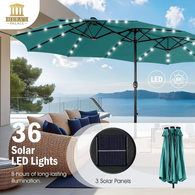 Alt view image 2 of 7 - 15ft Patio Umbrella with Solar lights & Base, Large Umbrellas, Turquoise
