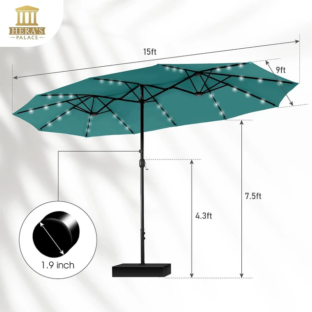 Alt view image 4 of 7 - 15ft Patio Umbrella with Solar lights & Base, Large Umbrellas, Turquoise
