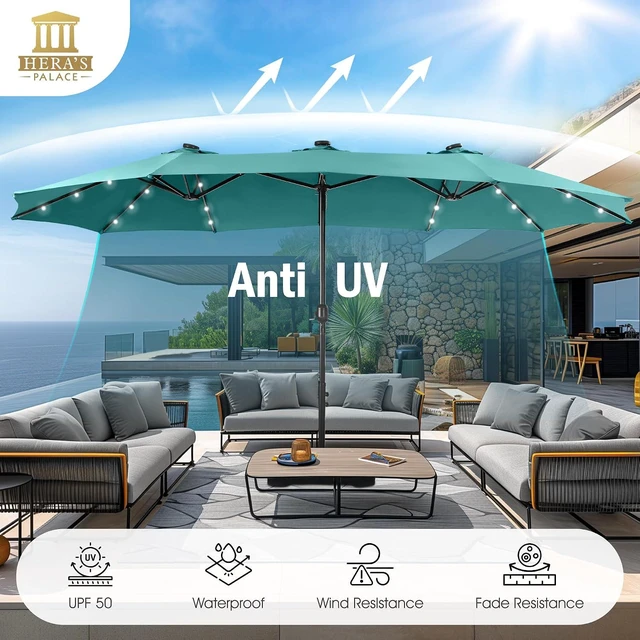 Alt view image 3 of 7 - 15ft Patio Umbrella with Solar lights & Base, Large Umbrellas, Turquoise