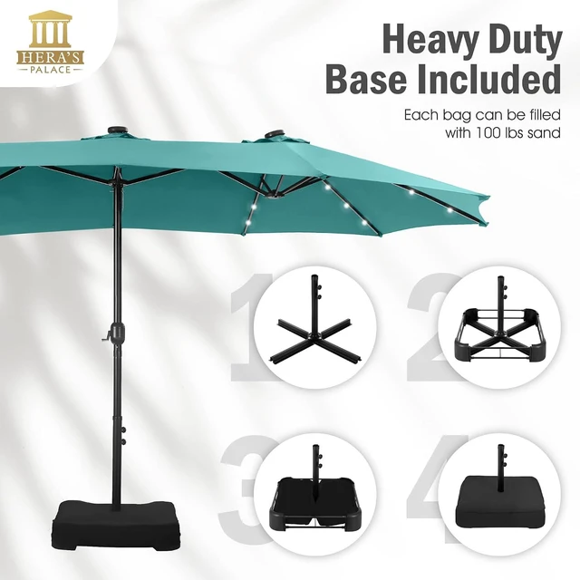 Alt view image 5 of 7 - 15ft Patio Umbrella with Solar lights & Base, Large Umbrellas, Turquoise