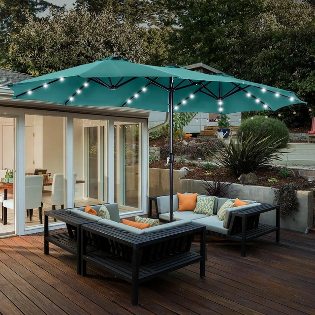 Alt view image 7 of 7 - 15ft Patio Umbrella with Solar lights & Base, Large Umbrellas, Turquoise