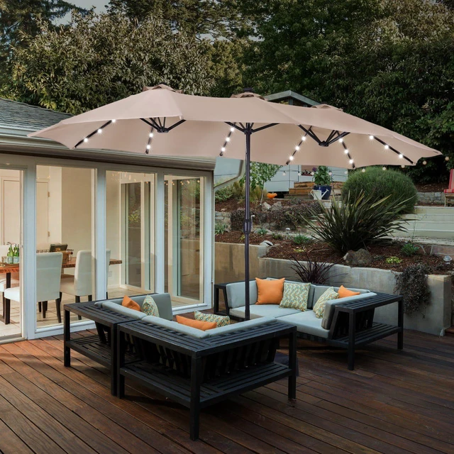 Alt view image 2 of 6 - 15ft Patio Umbrella with Solar lights & Base, Large Umbrellas, Beige