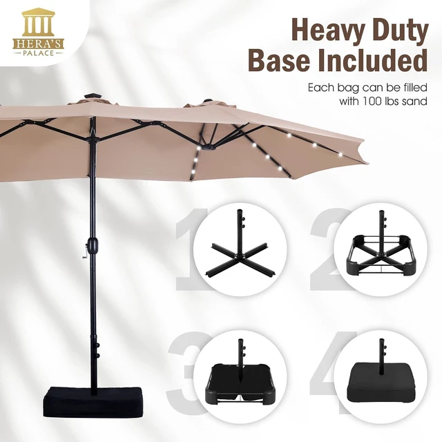 Alt view image 5 of 6 - 15ft Patio Umbrella with Solar lights & Base, Large Umbrellas, Beige