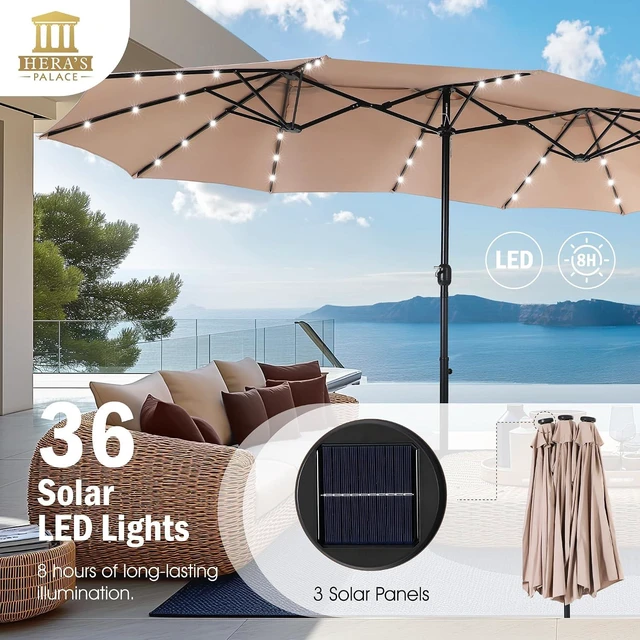 Alt view image 4 of 6 - 15ft Patio Umbrella with Solar lights & Base, Large Umbrellas, Beige