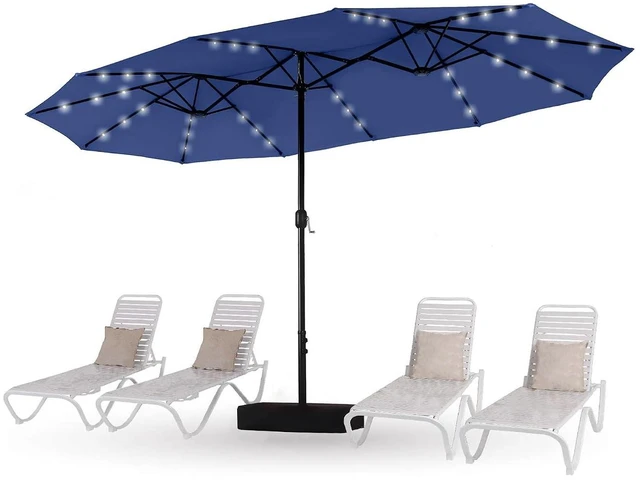 Main image of 15ft Patio Umbrella with Solar lights & Base, Large Umbrellas, Haze Blue
