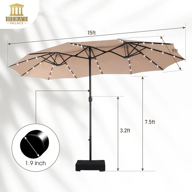 Alt view image 6 of 6 - 15ft Patio Umbrella with Solar lights & Base, Large Umbrellas, Beige