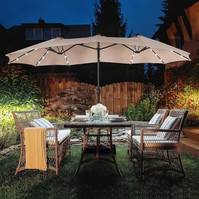 Alt view image 3 of 6 - 15ft Patio Umbrella with Solar lights & Base, Large Umbrellas, Beige