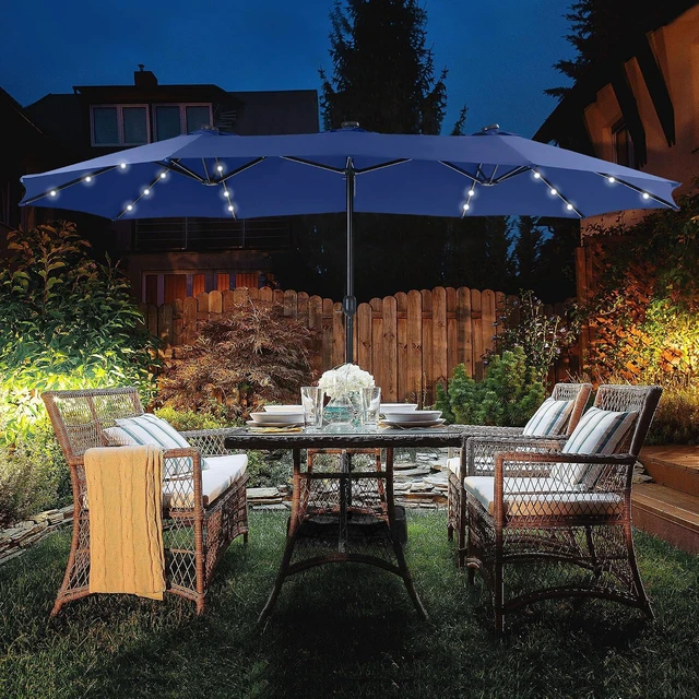 Alt view image 2 of 6 - 15ft Patio Umbrella with Solar lights & Base, Large Umbrellas, Haze Blue