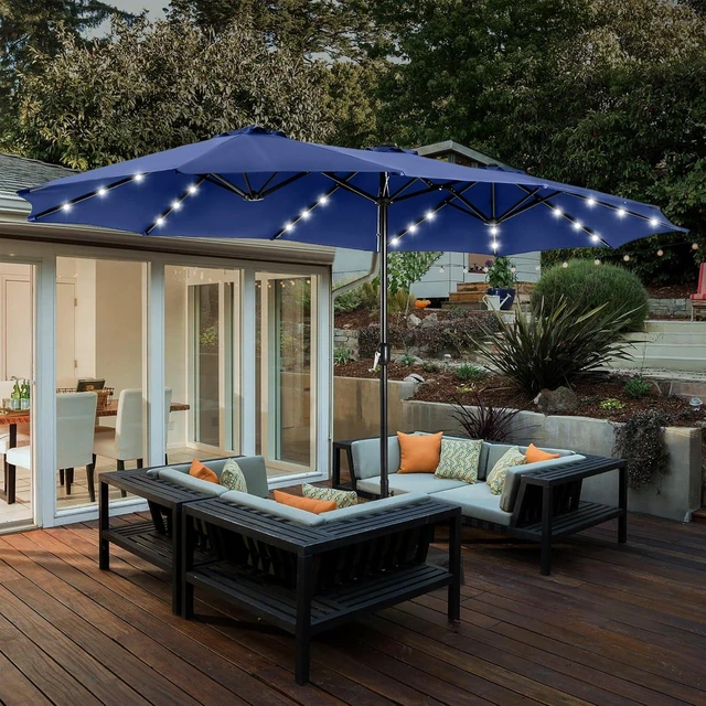 Alt view image 3 of 6 - 15ft Patio Umbrella with Solar lights & Base, Large Umbrellas, Haze Blue