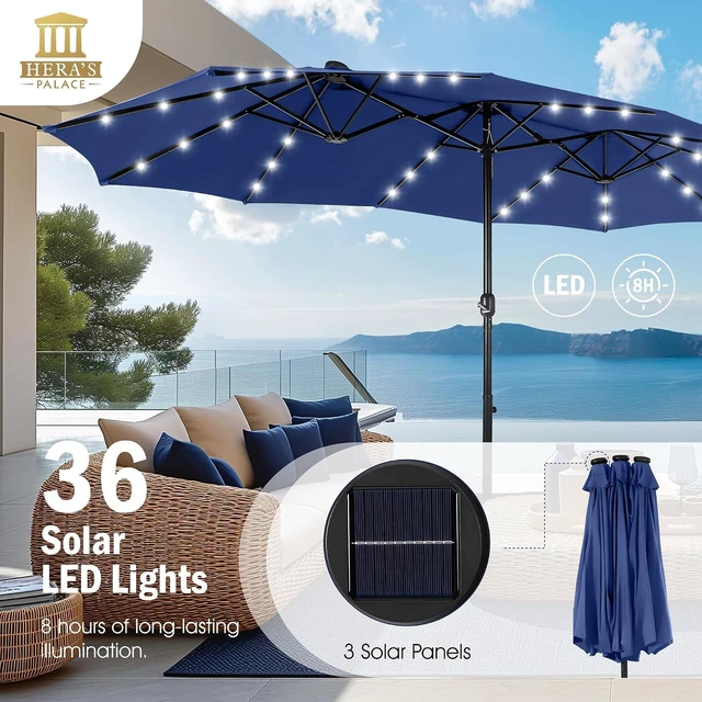 Alt view image 4 of 6 - 15ft Patio Umbrella with Solar lights & Base, Large Umbrellas, Haze Blue