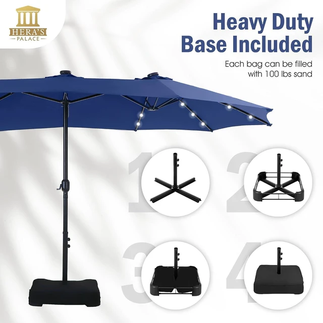 Alt view image 5 of 6 - 15ft Patio Umbrella with Solar lights & Base, Large Umbrellas, Haze Blue