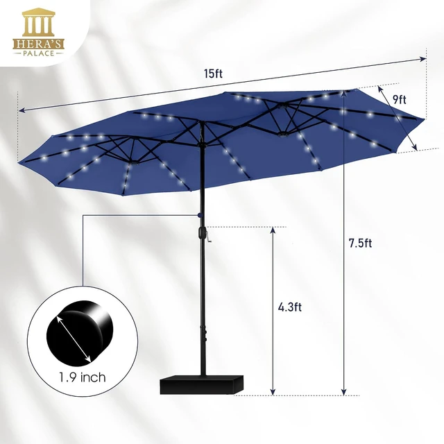Alt view image 6 of 6 - 15ft Patio Umbrella with Solar lights & Base, Large Umbrellas, Haze Blue