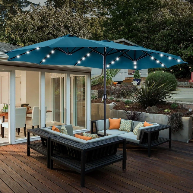 Alt view image 2 of 7 - 15ft Patio Umbrella with Solar lights & Base, Large Umbrellas, Cerulean