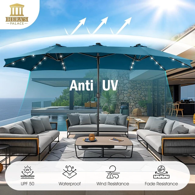 Alt view image 5 of 7 - 15ft Patio Umbrella with Solar lights & Base, Large Umbrellas, Cerulean