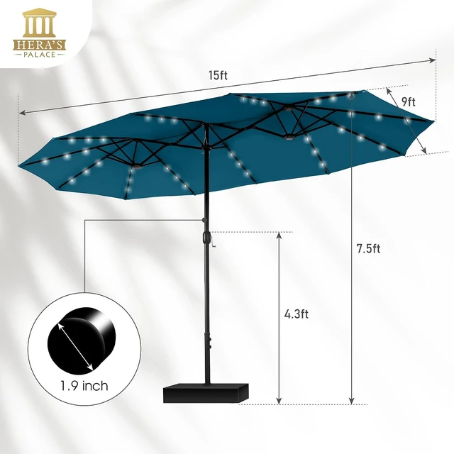 Alt view image 6 of 7 - 15ft Patio Umbrella with Solar lights & Base, Large Umbrellas, Cerulean