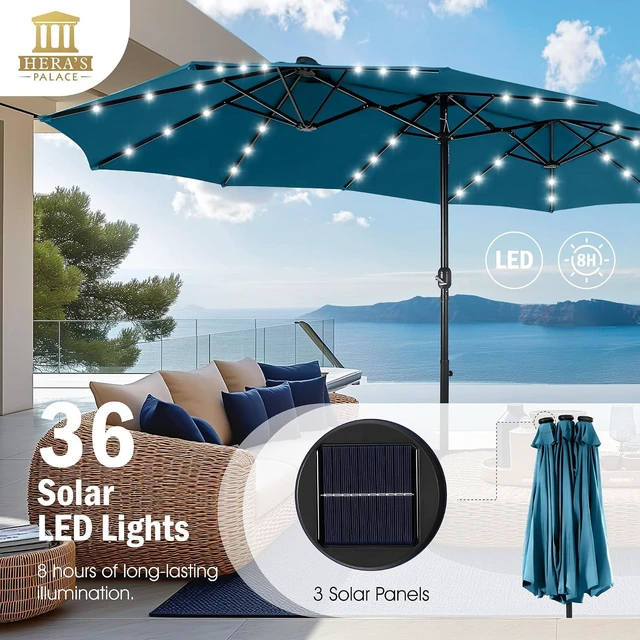 Alt view image 3 of 7 - 15ft Patio Umbrella with Solar lights & Base, Large Umbrellas, Cerulean
