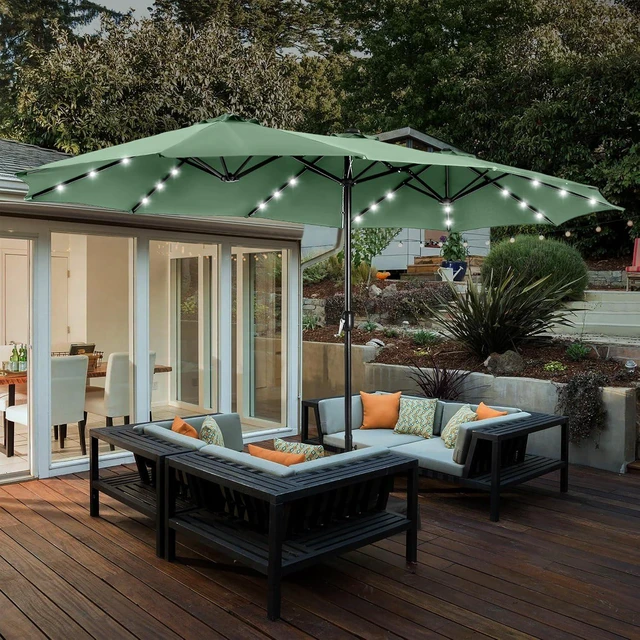 Alt view image 3 of 6 - 15ft Patio Umbrella with Solar lights & Base, Large Umbrellas, Mint