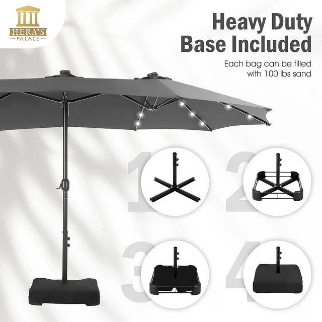 Alt view image 5 of 6 - 15ft Patio Umbrella with Solar lights & Base, Large Umbrellas, Smoky Gray