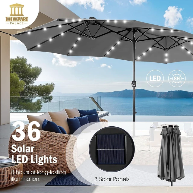 Alt view image 4 of 6 - 15ft Patio Umbrella with Solar lights & Base, Large Umbrellas, Smoky Gray
