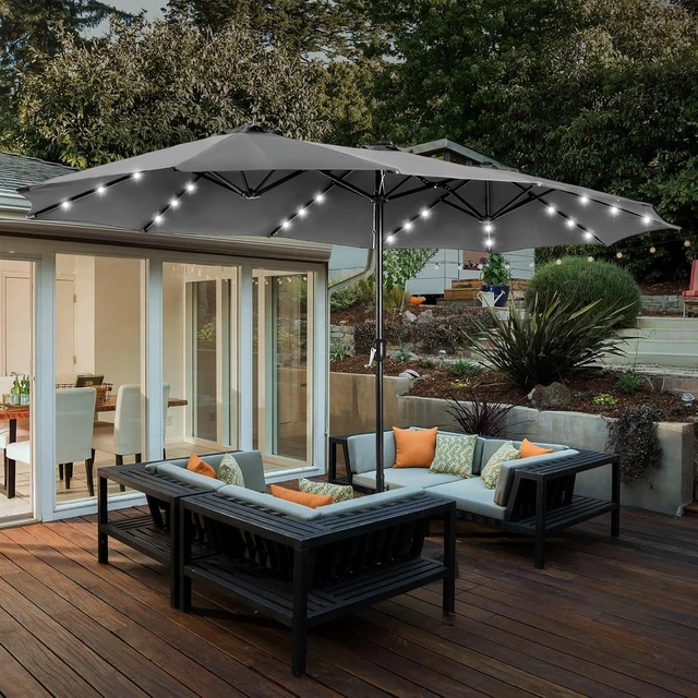 Alt view image 3 of 6 - 15ft Patio Umbrella with Solar lights & Base, Large Umbrellas, Smoky Gray