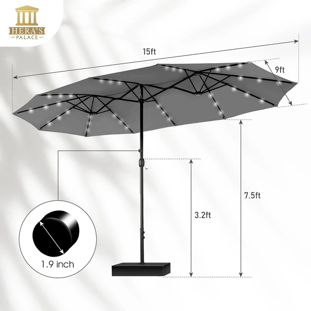 Alt view image 6 of 6 - 15ft Patio Umbrella with Solar lights & Base, Large Umbrellas, Smoky Gray