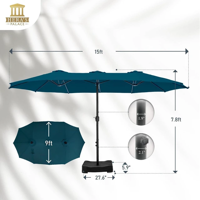 Alt view image 7 of 7 - 15ft Patio Umbrella, Base Included, Rectangular, Cerulean