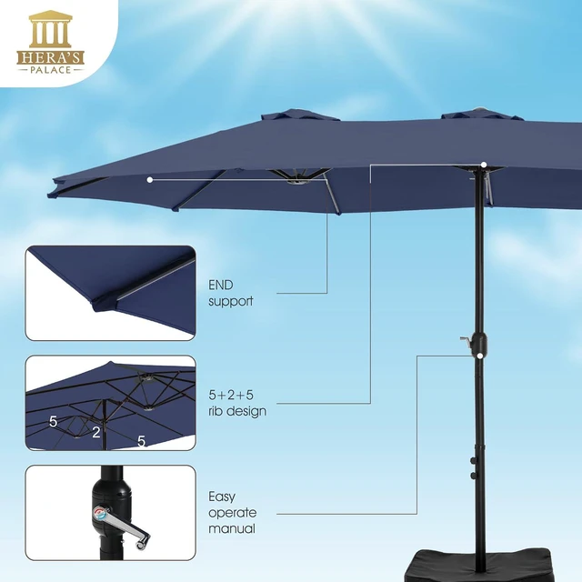 Alt view image 3 of 7 - 15ft Patio Umbrella, Base Included, Rectangular, Navy Blue