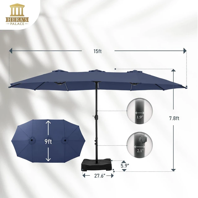 Alt view image 5 of 7 - 15ft Patio Umbrella, Base Included, Rectangular, Navy Blue