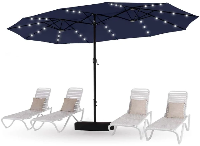 Main image of 15ft Patio Umbrella with Solar lights & Base, Large Umbrellas, Navy Blue