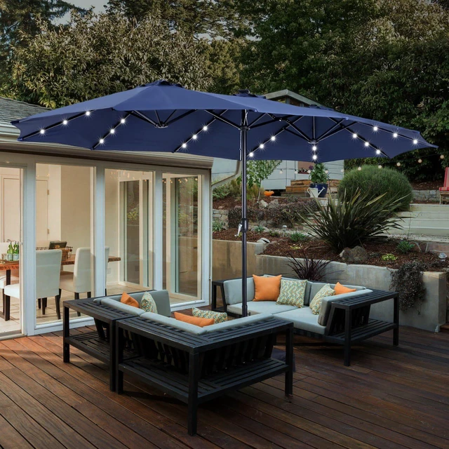 Alt view image 3 of 7 - 15ft Patio Umbrella with Solar lights & Base, Large Umbrellas, Navy Blue