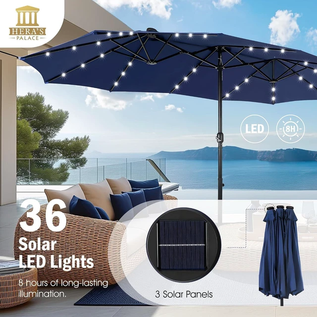 Alt view image 2 of 7 - 15ft Patio Umbrella with Solar lights & Base, Large Umbrellas, Navy Blue