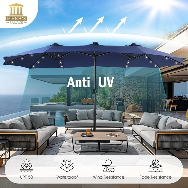 Alt view image 4 of 7 - 15ft Patio Umbrella with Solar lights & Base, Large Umbrellas, Navy Blue