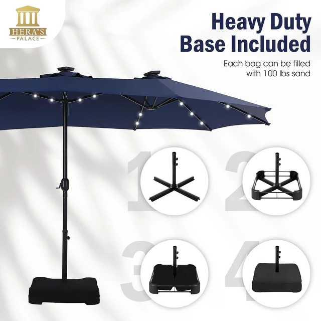 Alt view image 5 of 7 - 15ft Patio Umbrella with Solar lights & Base, Large Umbrellas, Navy Blue
