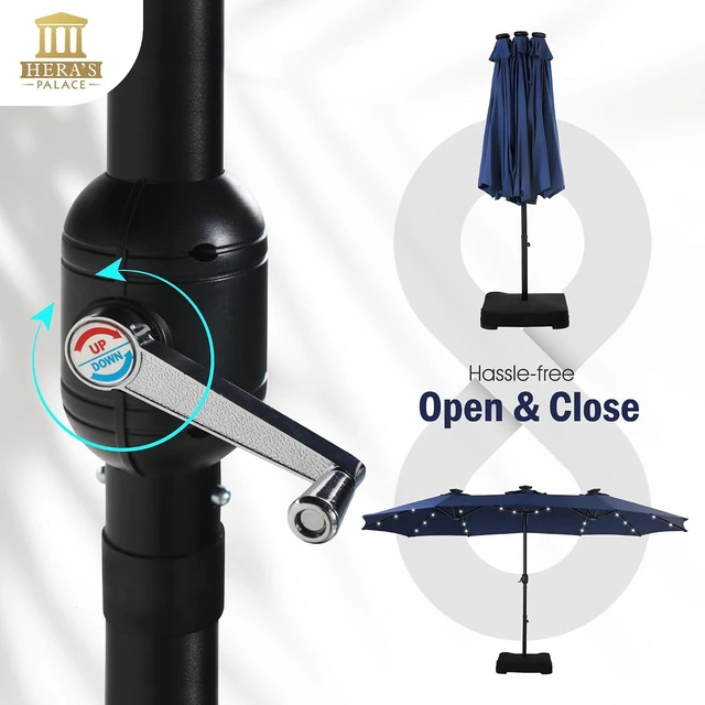 Alt view image 6 of 7 - 15ft Patio Umbrella with Solar lights & Base, Large Umbrellas, Navy Blue