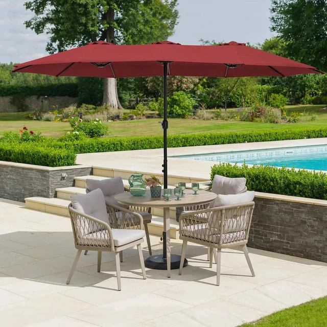 Alt view image 2 of 7 - Umbrella Patio Outdoor with Base 15ft Rectangle Table Double Market Umbrellas Clearance Large Included Stand for Deck Outside Pool Picnic Inground Yard Commercial, Burgundy