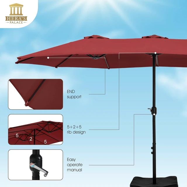 Alt view image 4 of 7 - Umbrella Patio Outdoor with Base 15ft Rectangle Table Double Market Umbrellas Clearance Large Included Stand for Deck Outside Pool Picnic Inground Yard Commercial, Burgundy