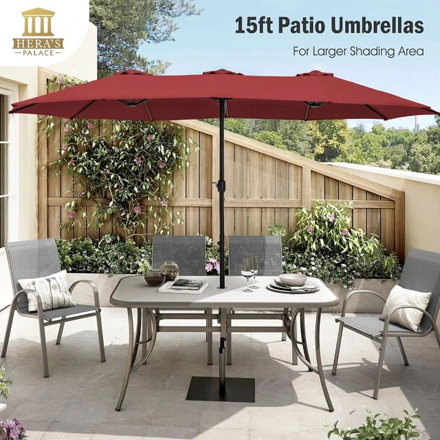 Alt view image 3 of 7 - Umbrella Patio Outdoor with Base 15ft Rectangle Table Double Market Umbrellas Clearance Large Included Stand for Deck Outside Pool Picnic Inground Yard Commercial, Burgundy