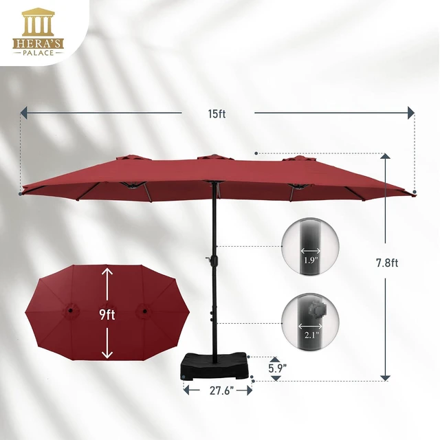 Alt view image 6 of 7 - Umbrella Patio Outdoor with Base 15ft Rectangle Table Double Market Umbrellas Clearance Large Included Stand for Deck Outside Pool Picnic Inground Yard Commercial, Burgundy