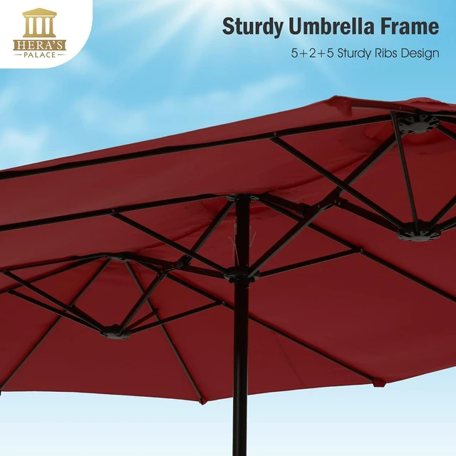 Alt view image 5 of 7 - Umbrella Patio Outdoor with Base 15ft Rectangle Table Double Market Umbrellas Clearance Large Included Stand for Deck Outside Pool Picnic Inground Yard Commercial, Burgundy