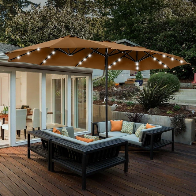 Alt view image 3 of 6 - HERA'S PALACE 15ft Patio Umbrella with Base Included Double Sided Outdoor Umbrella for Patio Table Umbrella Outdoor 36 LED Solar Lights for Garden (Tawny)