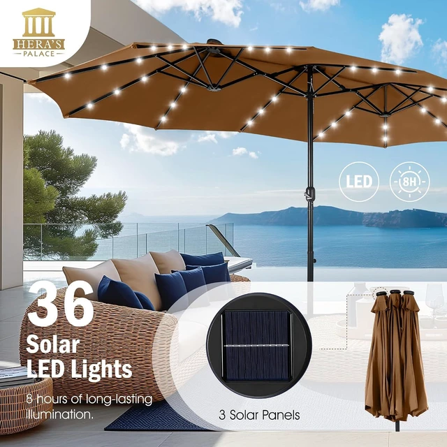 Alt view image 4 of 6 - HERA'S PALACE 15ft Patio Umbrella with Base Included Double Sided Outdoor Umbrella for Patio Table Umbrella Outdoor 36 LED Solar Lights for Garden (Tawny)