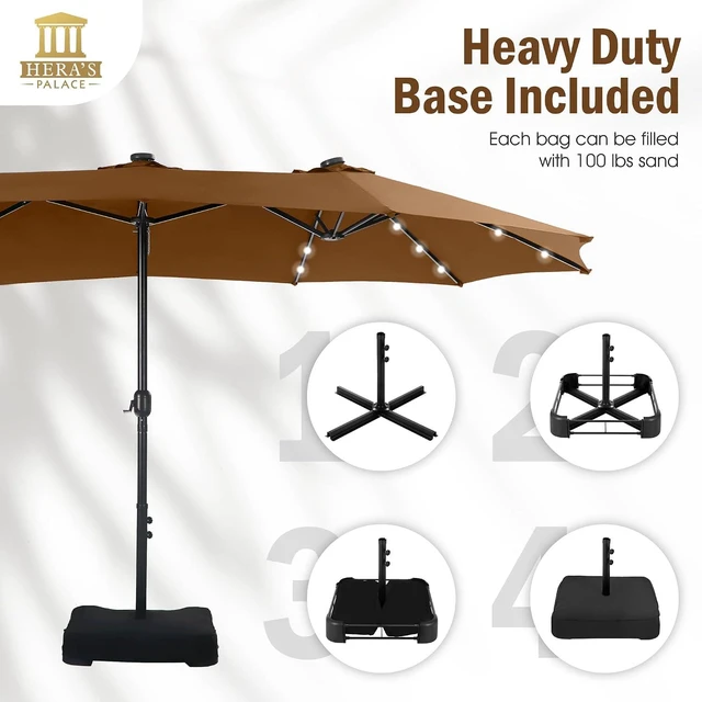 Alt view image 5 of 6 - HERA'S PALACE 15ft Patio Umbrella with Base Included Double Sided Outdoor Umbrella for Patio Table Umbrella Outdoor 36 LED Solar Lights for Garden (Tawny)