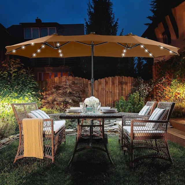 Alt view image 2 of 6 - HERA'S PALACE 15ft Patio Umbrella with Base Included Double Sided Outdoor Umbrella for Patio Table Umbrella Outdoor 36 LED Solar Lights for Garden (Tawny)